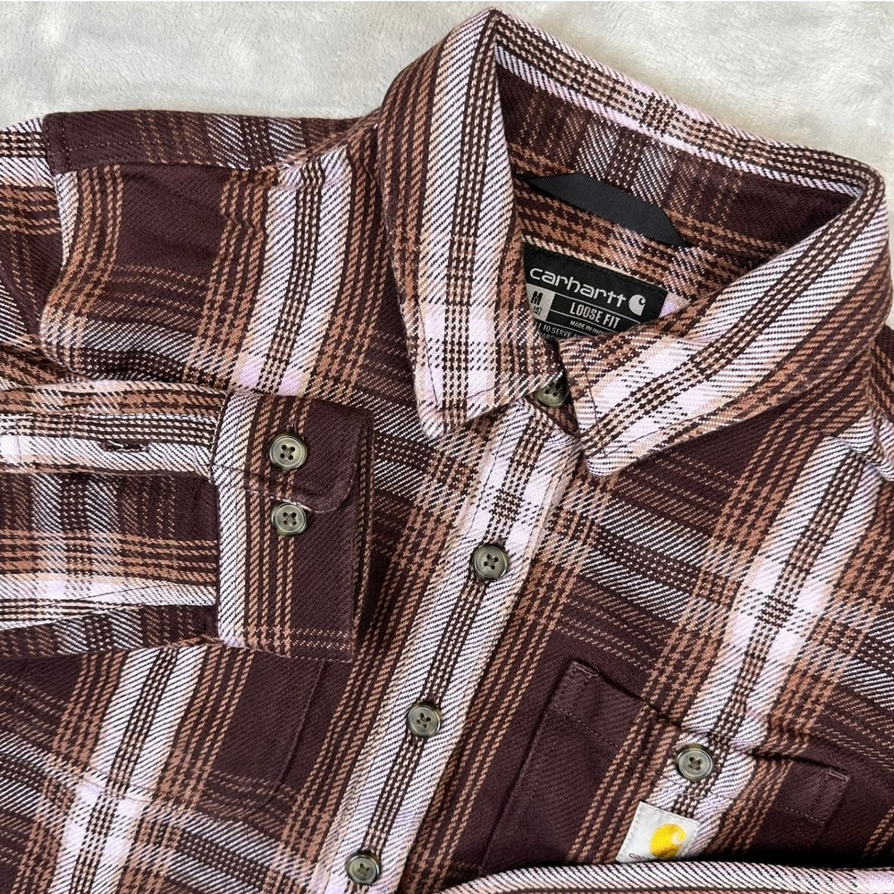 Carhartt Shirt Womens M Brown Plaid TW5991-W Loose Fit Cotton Flannel Shirt